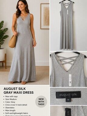 august silk Gray Sleeveless Midi Dress with Crisscross Back